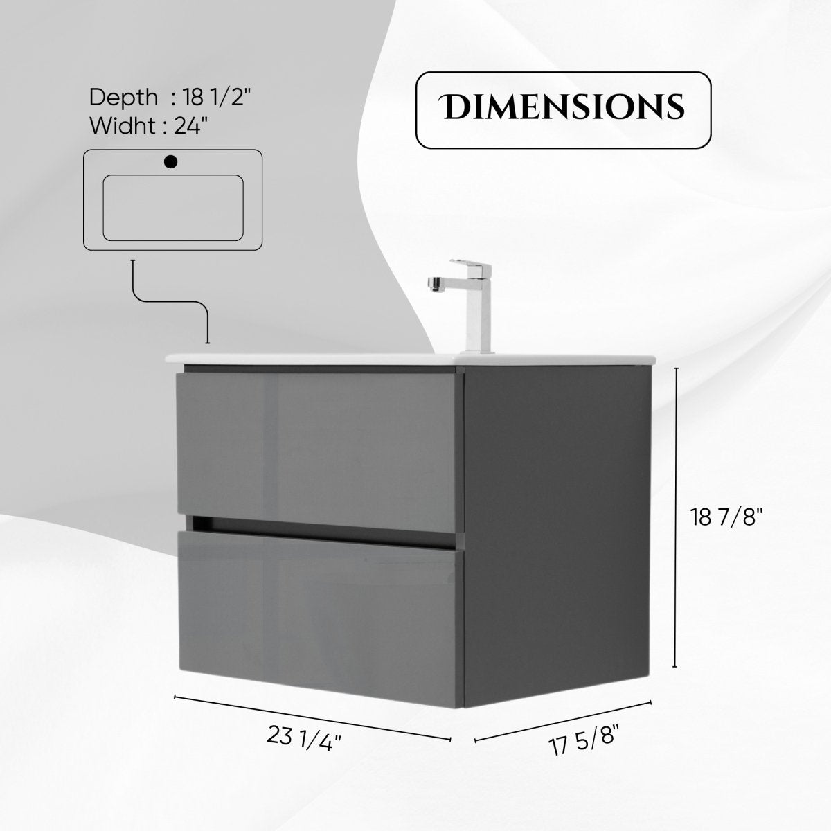 24 Inch High Gloss Anthracite Veneto Floating Bathroom Vanity