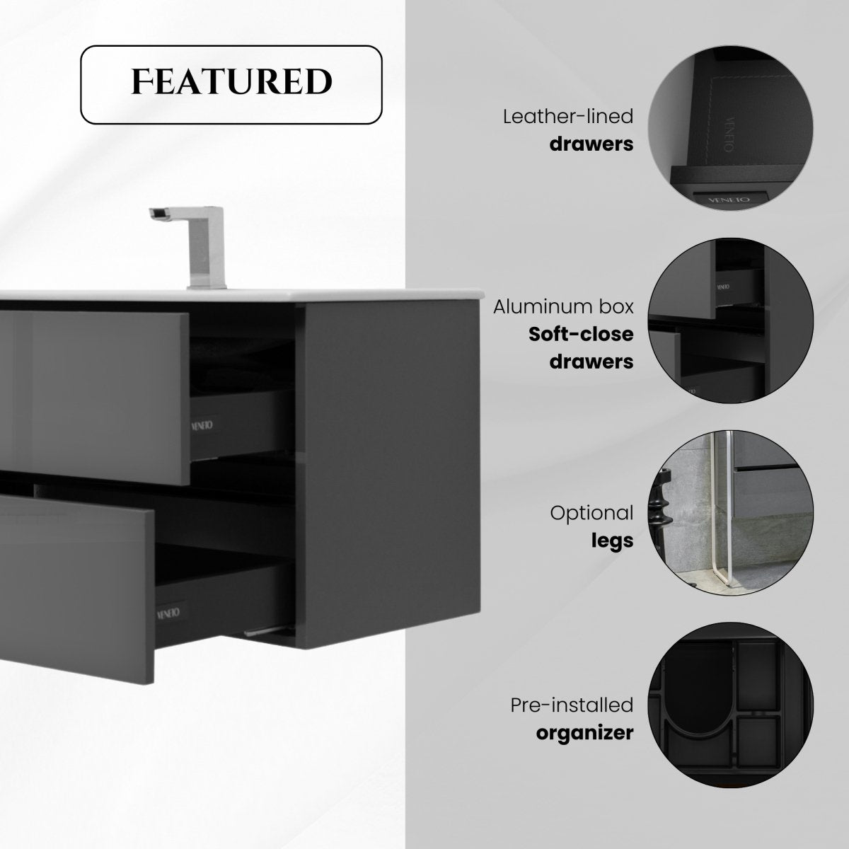 24 Inch High Gloss Anthracite Veneto Floating Bathroom Vanity