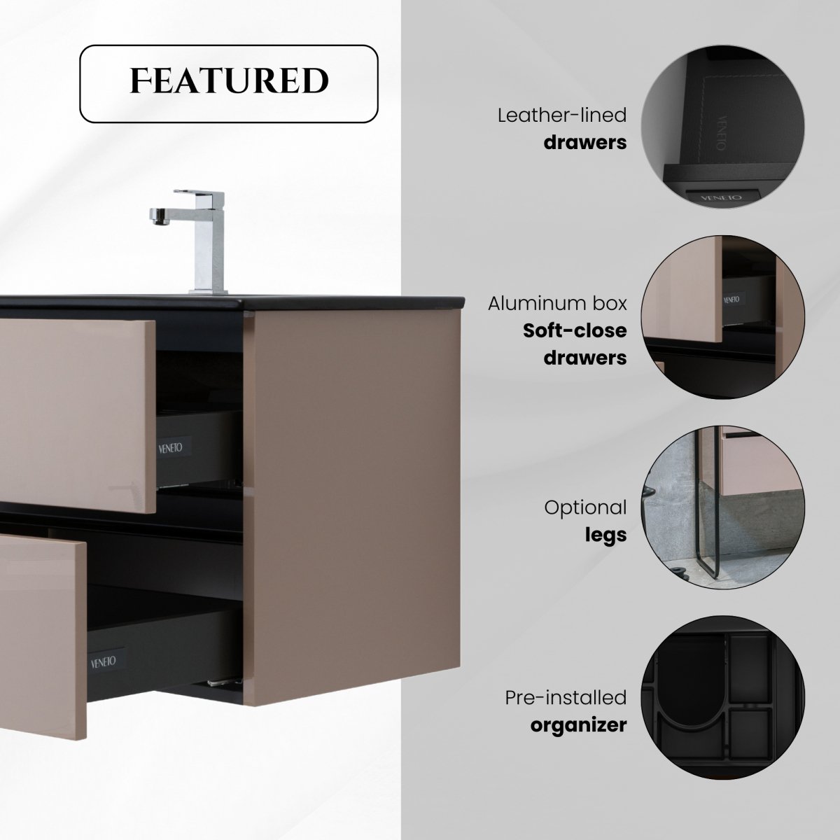 60 Inch High Gloss Capuccino Veneto Floating Bathroom Vanity