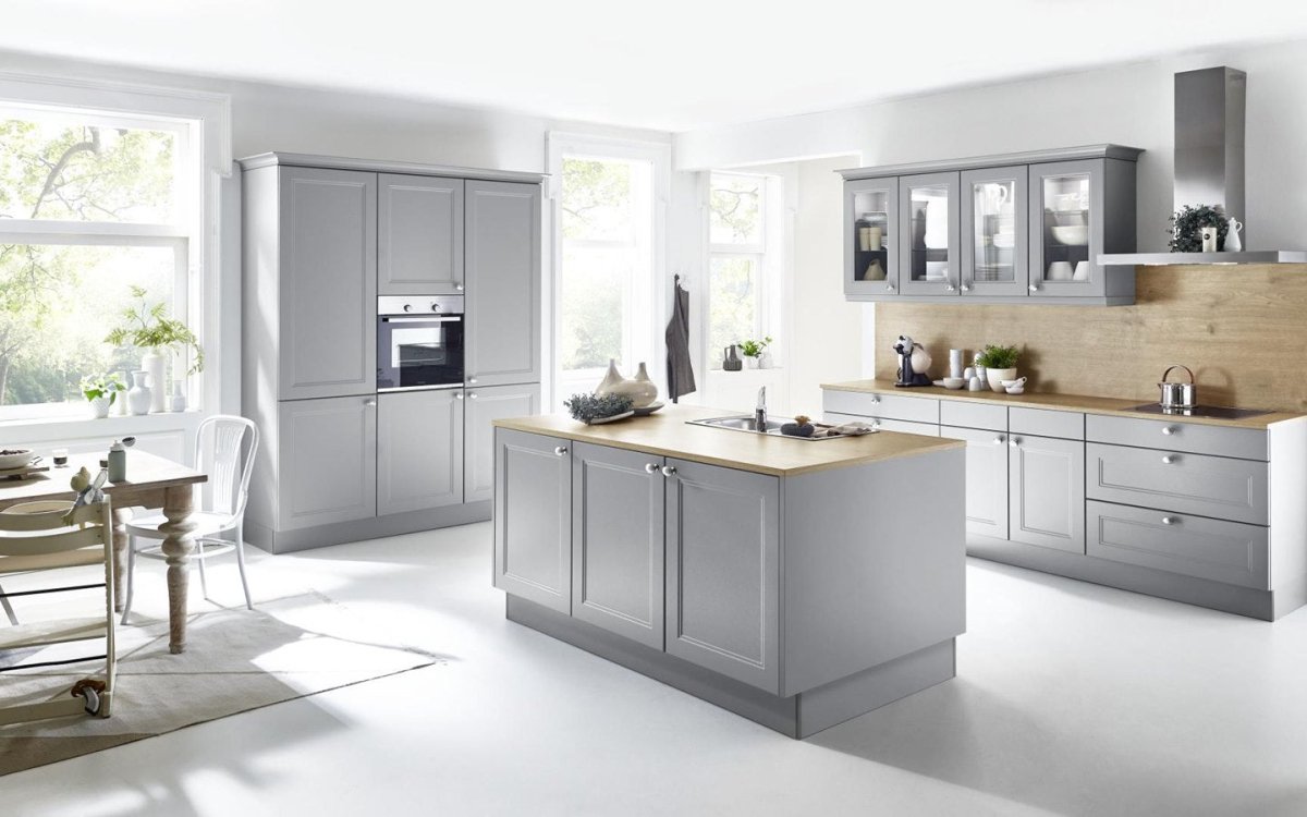 A grey kitchen island with a touch of nature