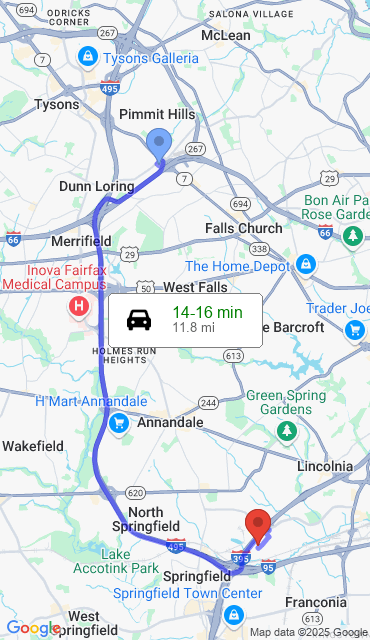 Route from Falls Church VA, 22043 to Our Store