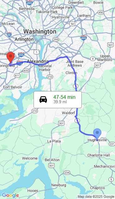 Route from Hughesville MD, 20637 to Our Store