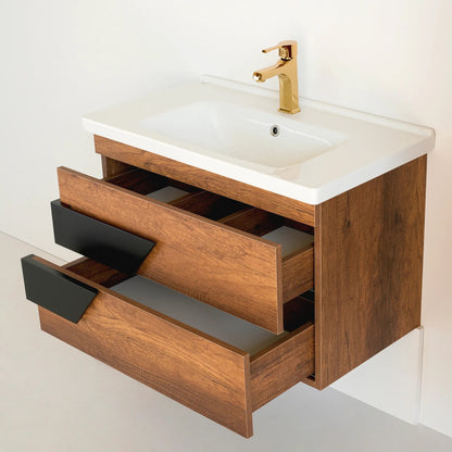 32 Inch Dark Oak & Black Oscar Floating Single Sink Bathroom Vanity