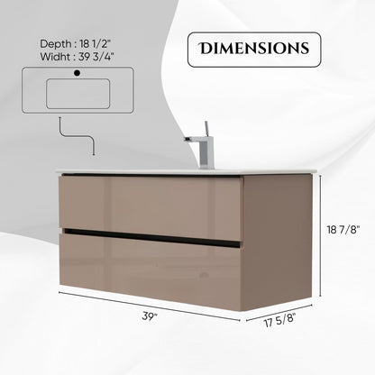 40 Inch High Gloss Capuccino Veneto Floating Bathroom Vanity