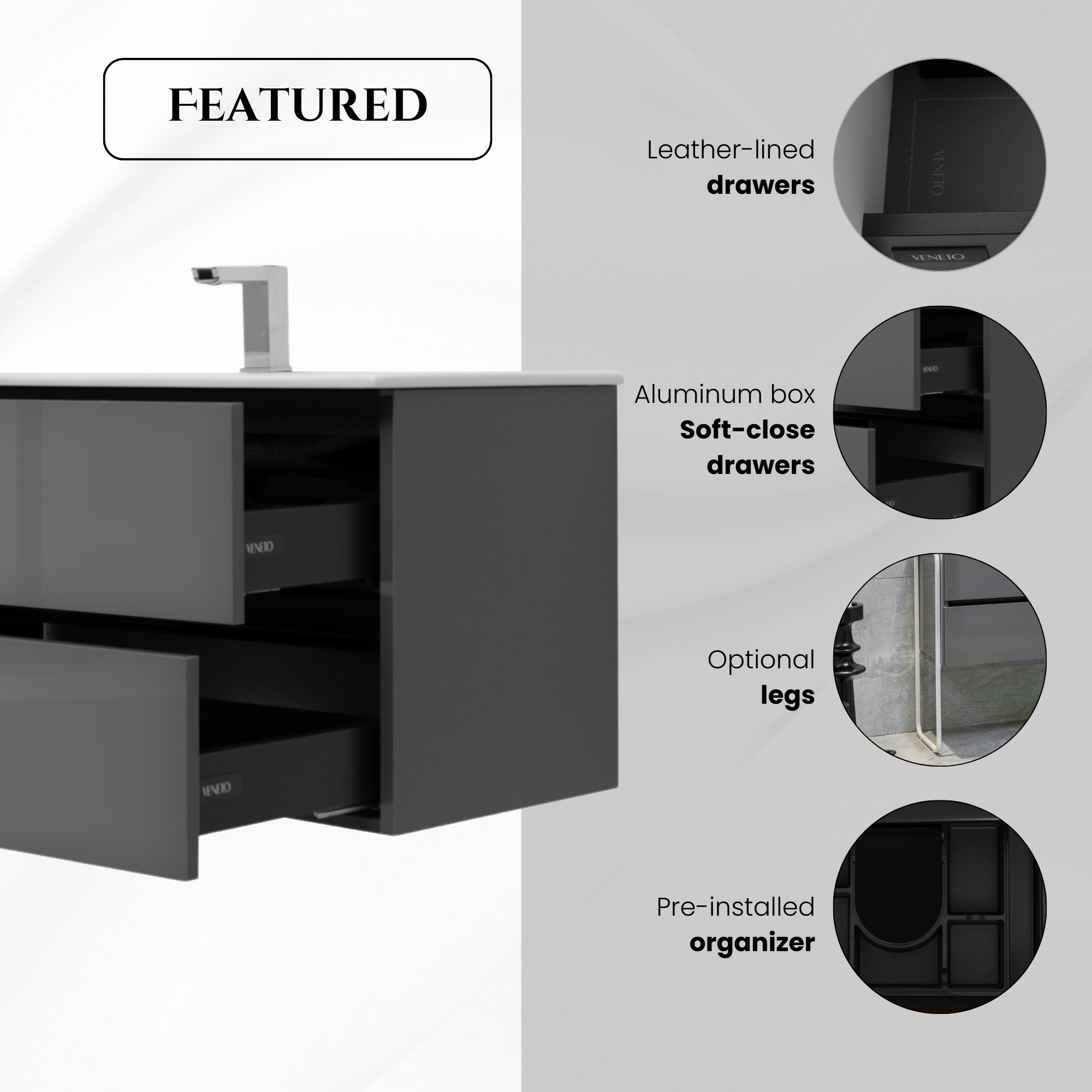 60 Inch High Gloss Anthracite Veneto Floating Bathroom Vanity