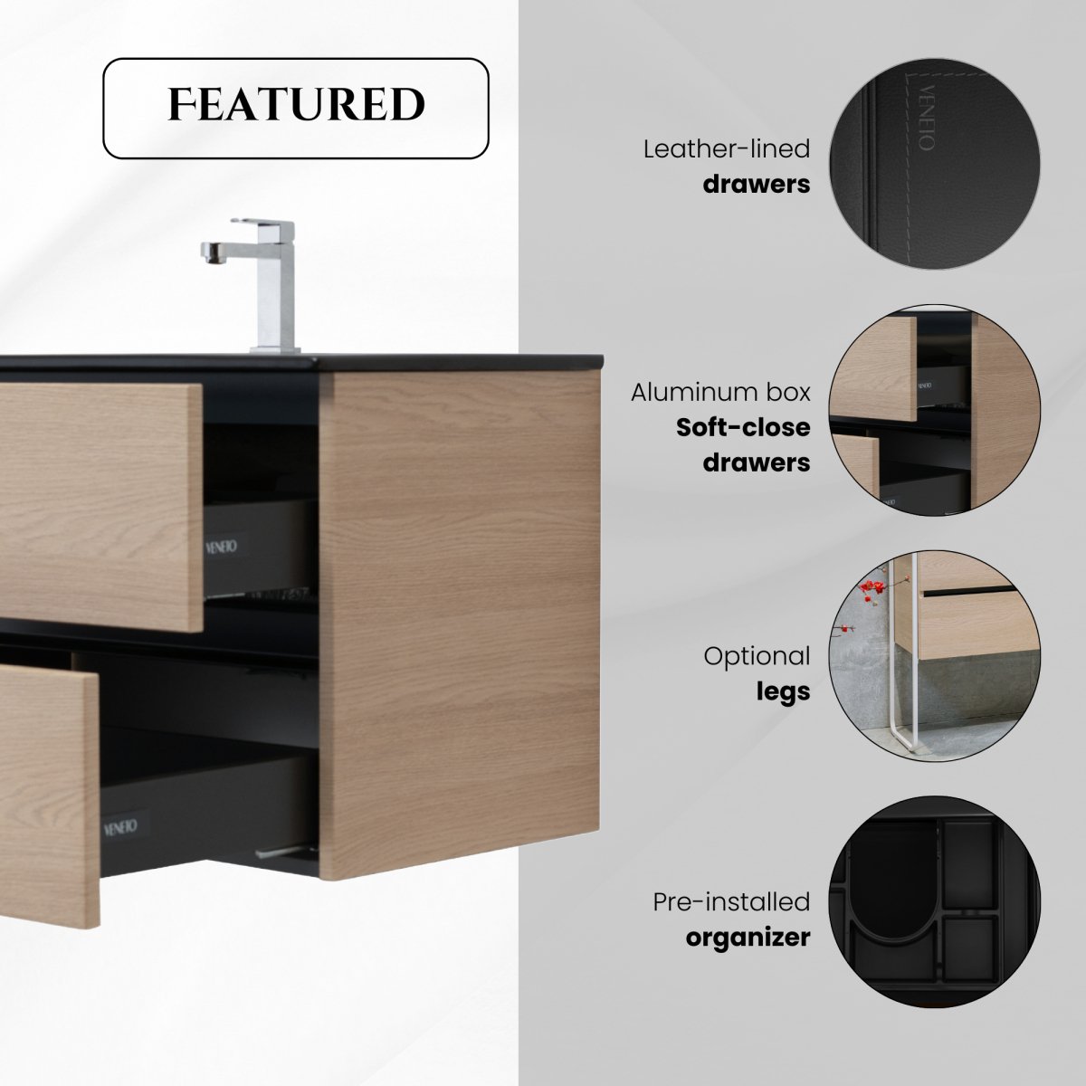60 Inch Light Oak Veneto Floating Bathroom Vanity