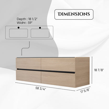 60 Inch Light Oak Veneto Floating Bathroom Vanity - aksesuardesign