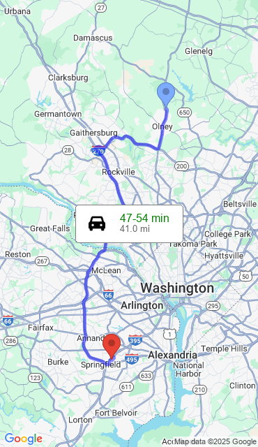 Route from Brookeville MD, 20833 to Our Store