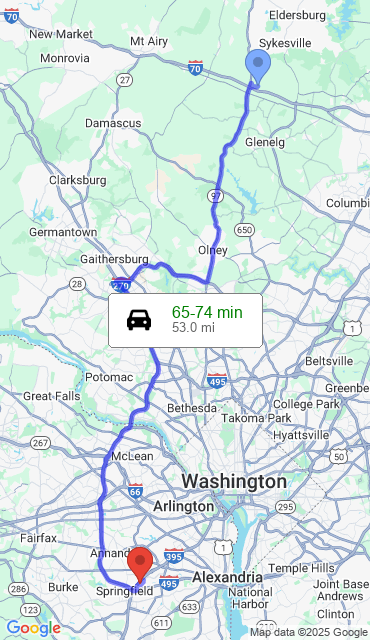 Route from Cooksville MD, 21723 to Our Store