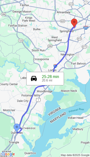 Route from Dumfries VA, 22026 to Our Store