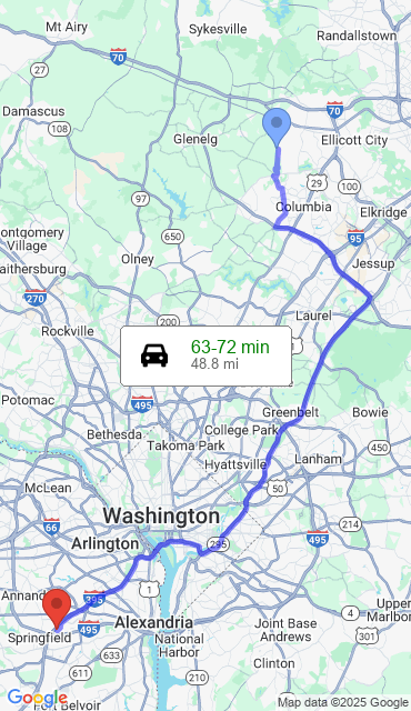 Route from Ellicott City MD, 21042 to Our Store