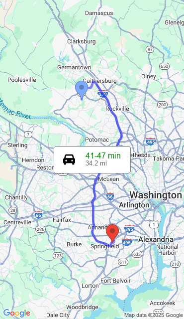 Route from Gaithersburg MD, 20878 to Our Store