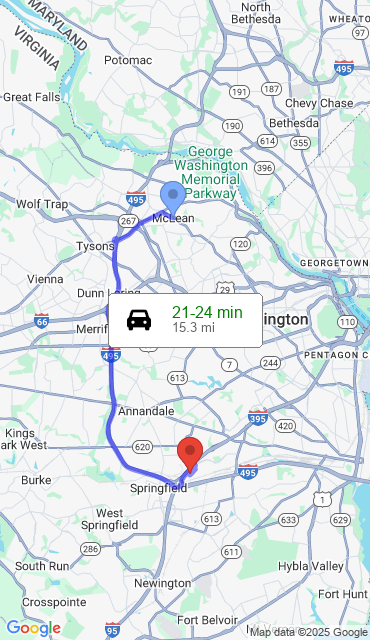 Route from Mc Lean VA, 22101 to Our Store