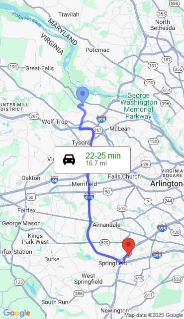 Route from Mc Lean VA, 22102 to Our Store