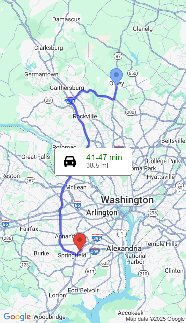 Route from Olney MD, 20832 to Our Store