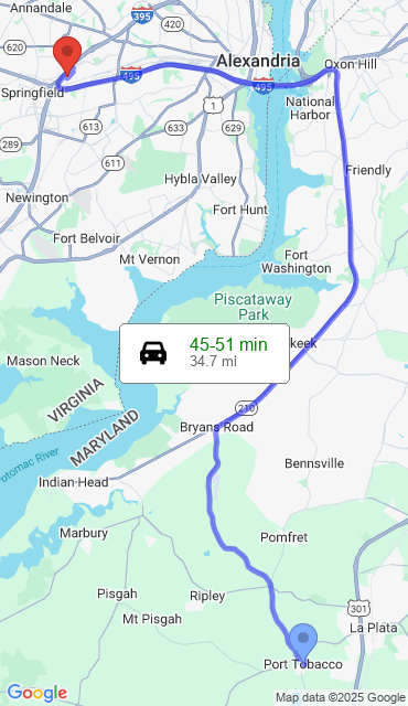 Route from Port Tobacco MD, 20677 to Our Store