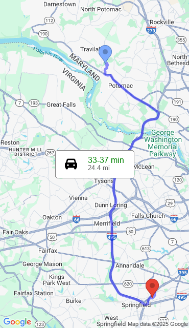 Route from Potomac MD, 20854 to Our Store