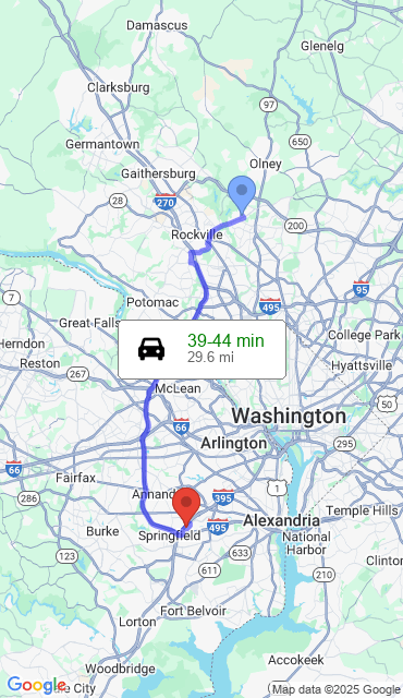 Route from Rockville MD, 20853 to Our Store