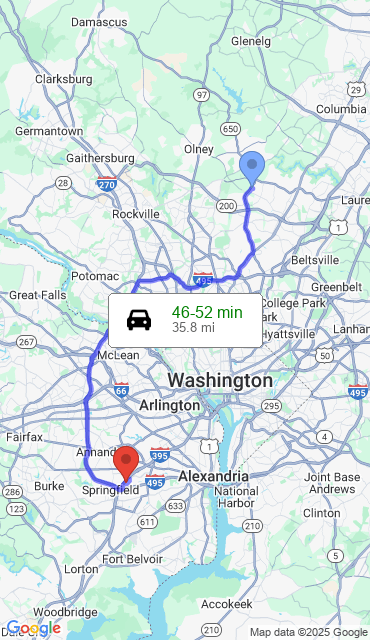 Route from Silver Spring MD, 20905 to Our Store