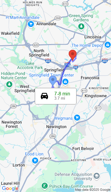 Route from Springfield VA, 22150 to Our Store