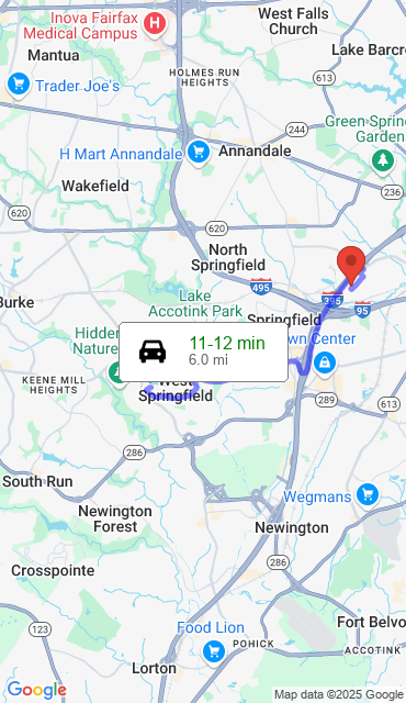 Route from Springfield VA, 22152 to Our Store
