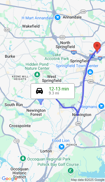 Route from Springfield VA, 22153 to Our Store