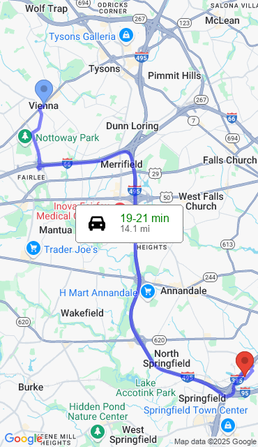 Route from Vienna VA, 22180 to Our Store