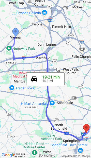 Route from Vienna VA, 22182 to Our Store