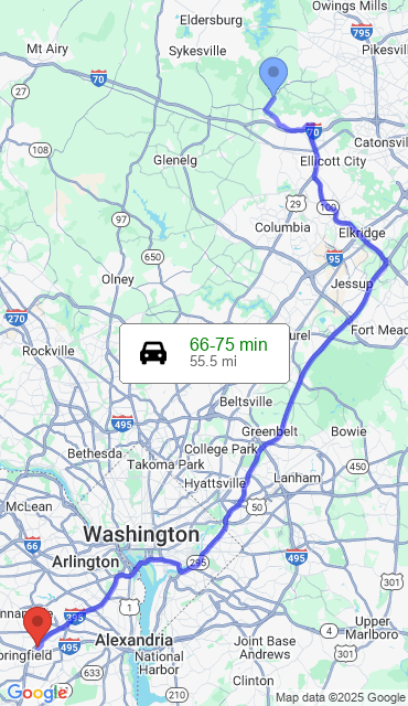 Route from Woodstock MD, 21163 to Our Store