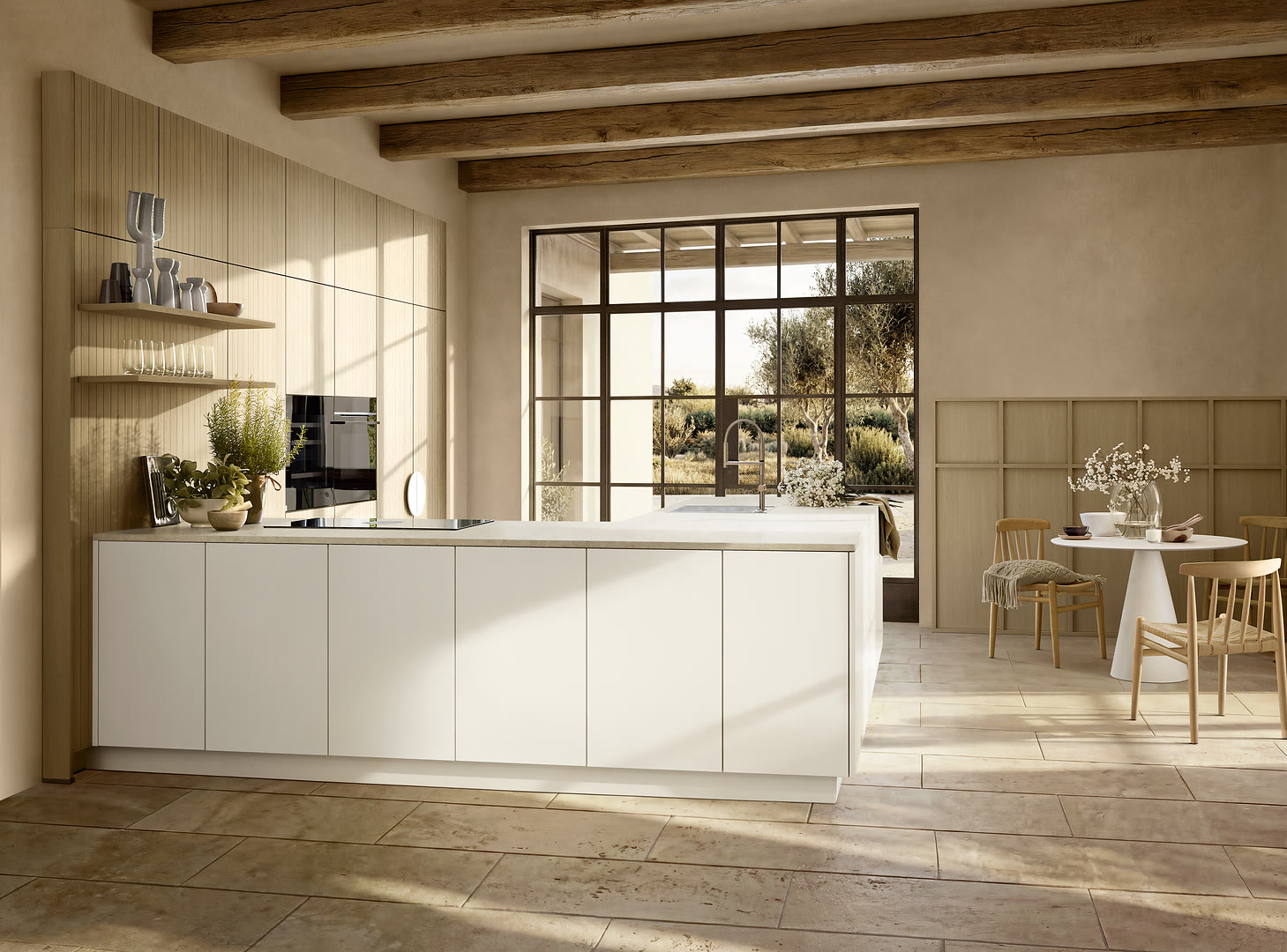 White handleless kitchen with a fluted wood upper wall, open shelving, exposed timber ceiling beams, and large windows onto a garden.