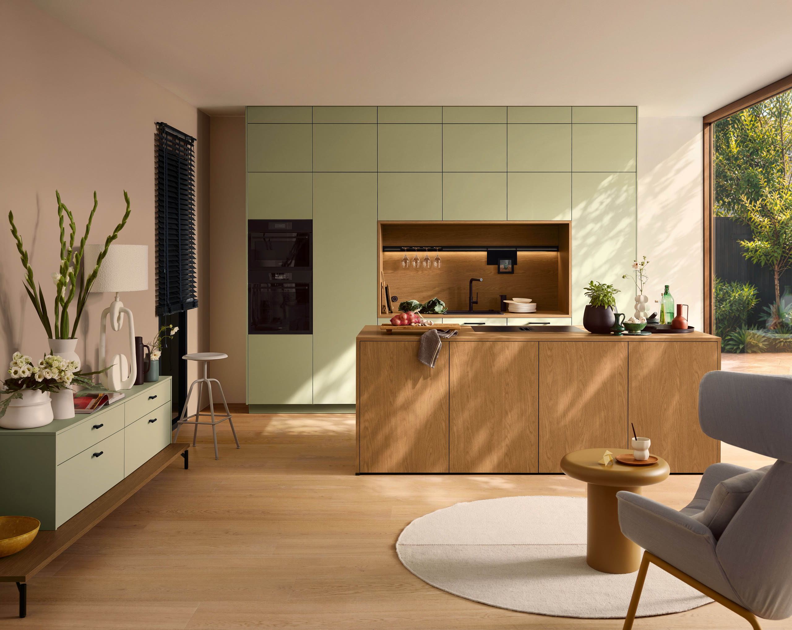 Kitchen with Manhattan fronts in Oak Cognac and Velluto in pistachio matt.