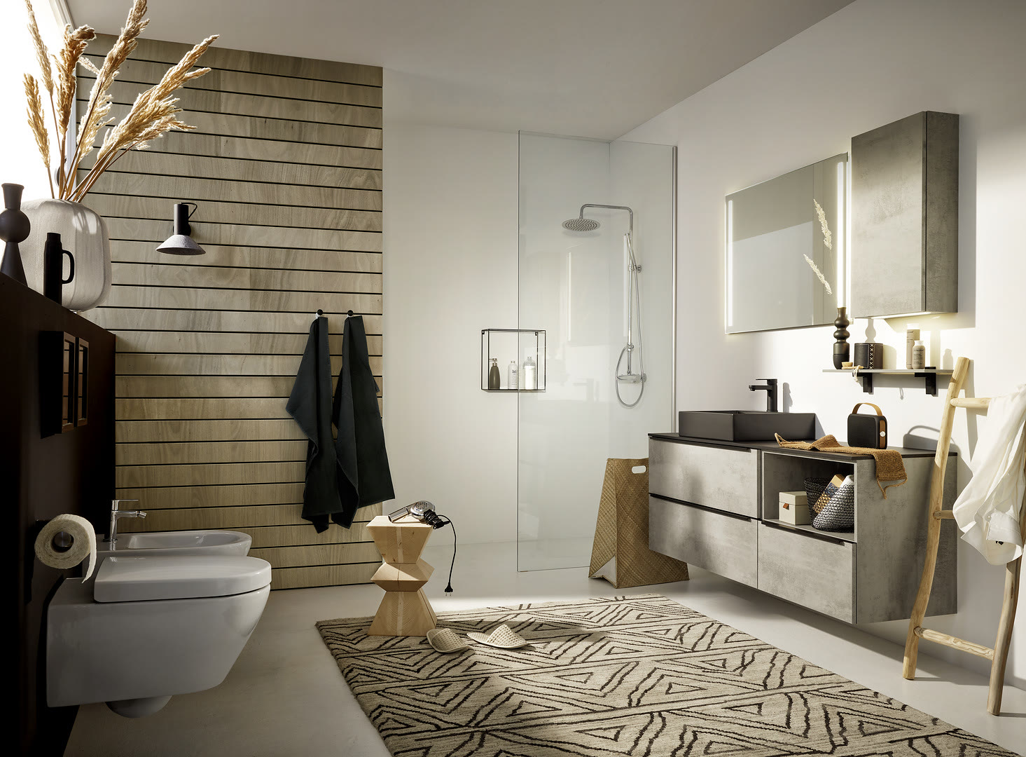 Bathroom with Stone fronts in concrete.