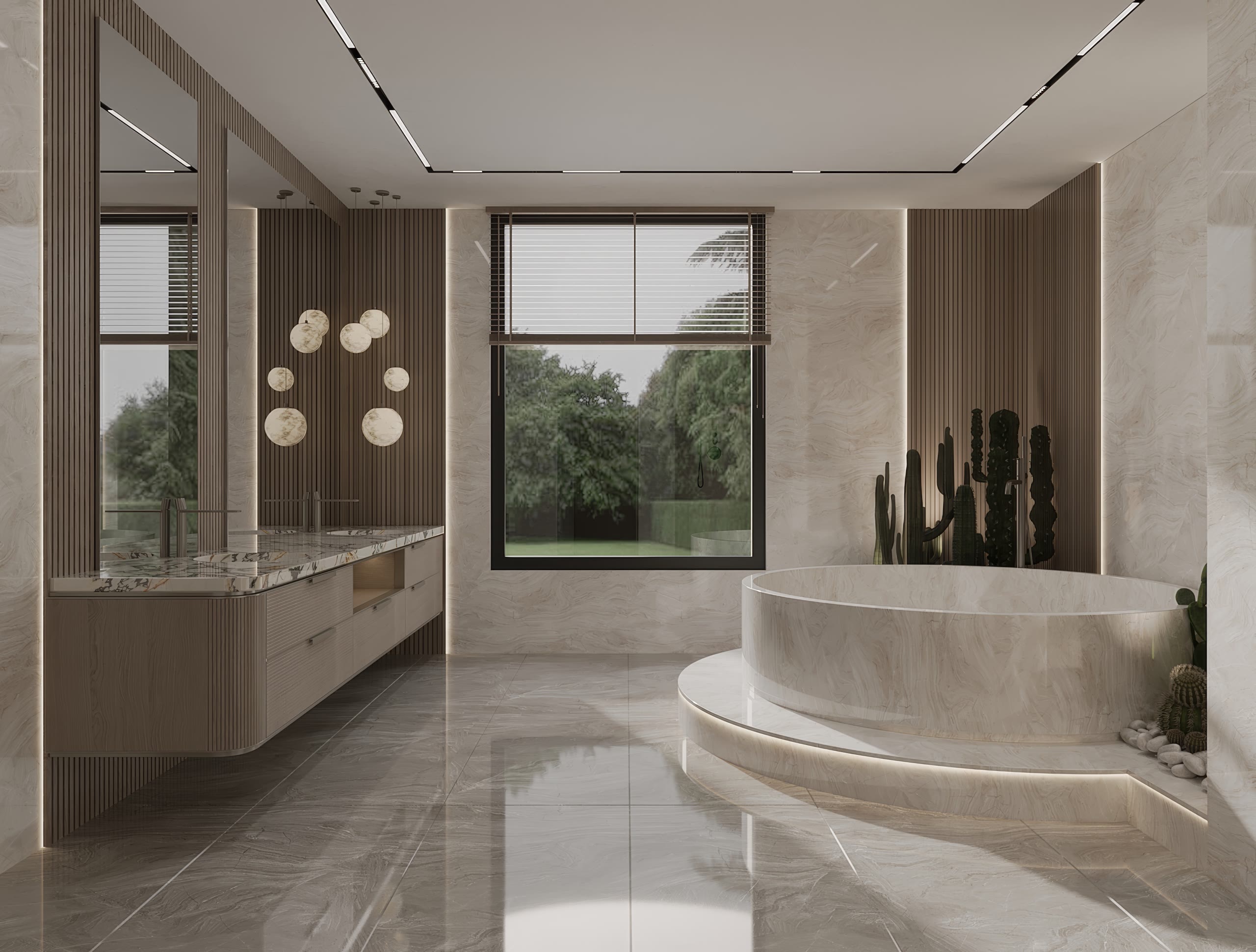 Curved freestanding tub beside a fluted natural-wood floating vanity on polished stone flooring