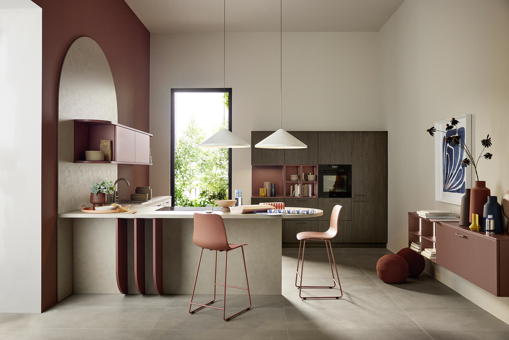 Kitchen with Soft Lack fronts in henna red soft-matt and Leaf and Noce Marone walnut.