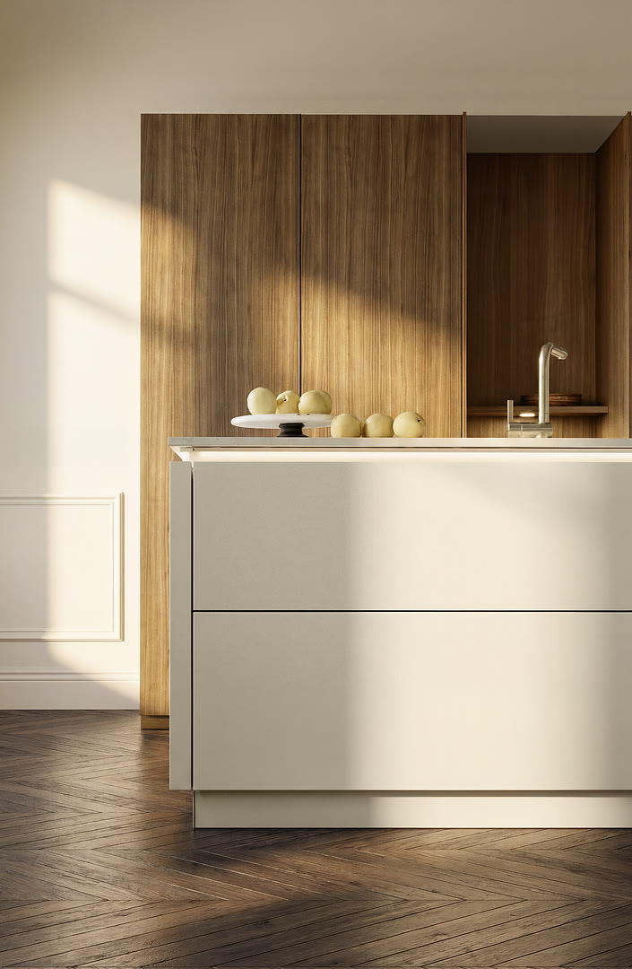 Kitchen with neoFLAT fronts in Walnut Rosado and Soft Lack in cashmere soft-matt.