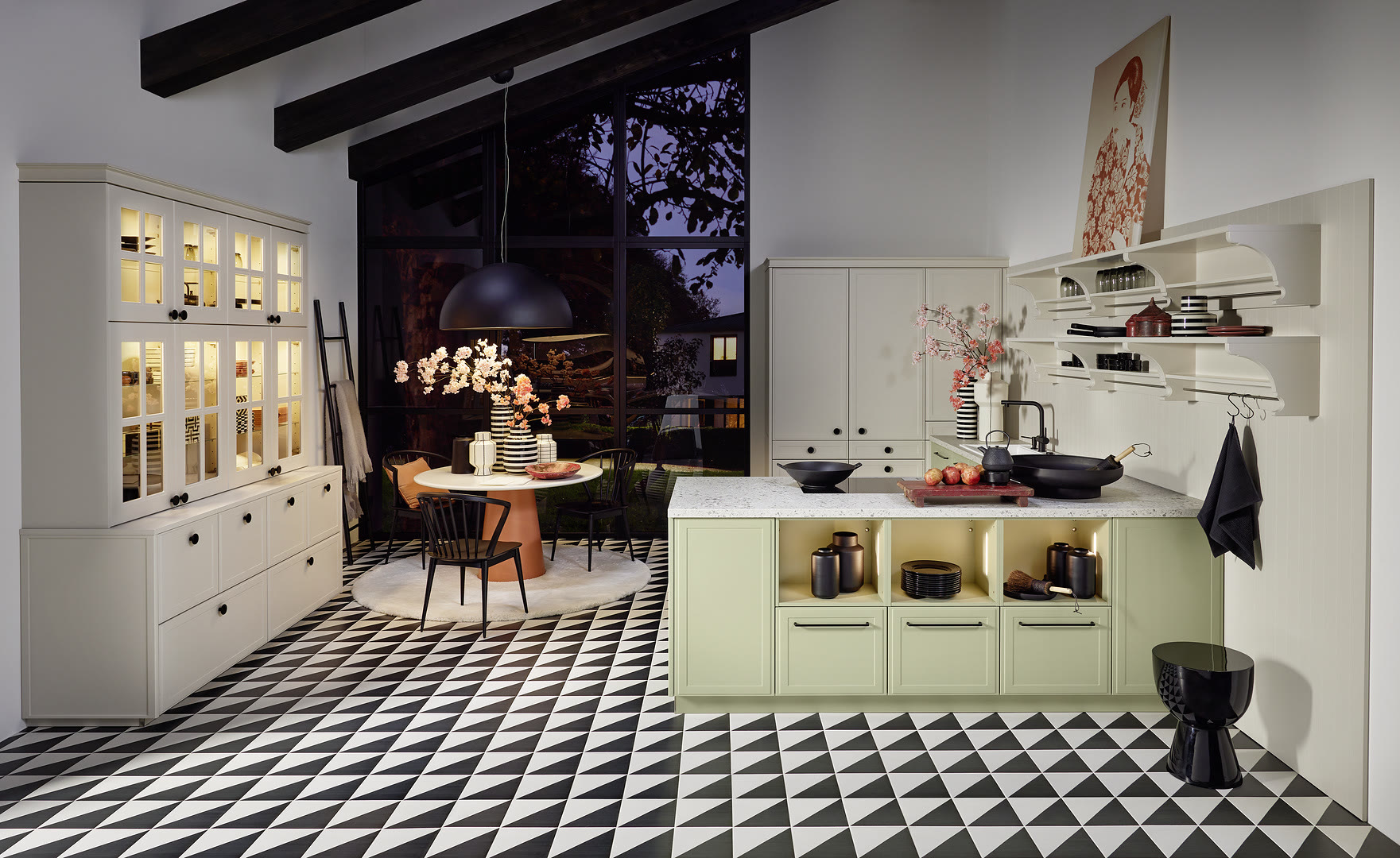 Kitchen with Torino Lack fronts in avocado soft-matt and cashmere soft-matt.