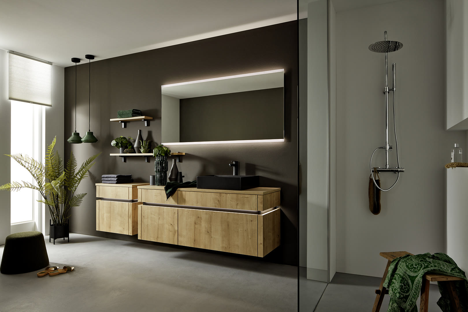 Bathroom with Manhattan fronts in Chalet oak.