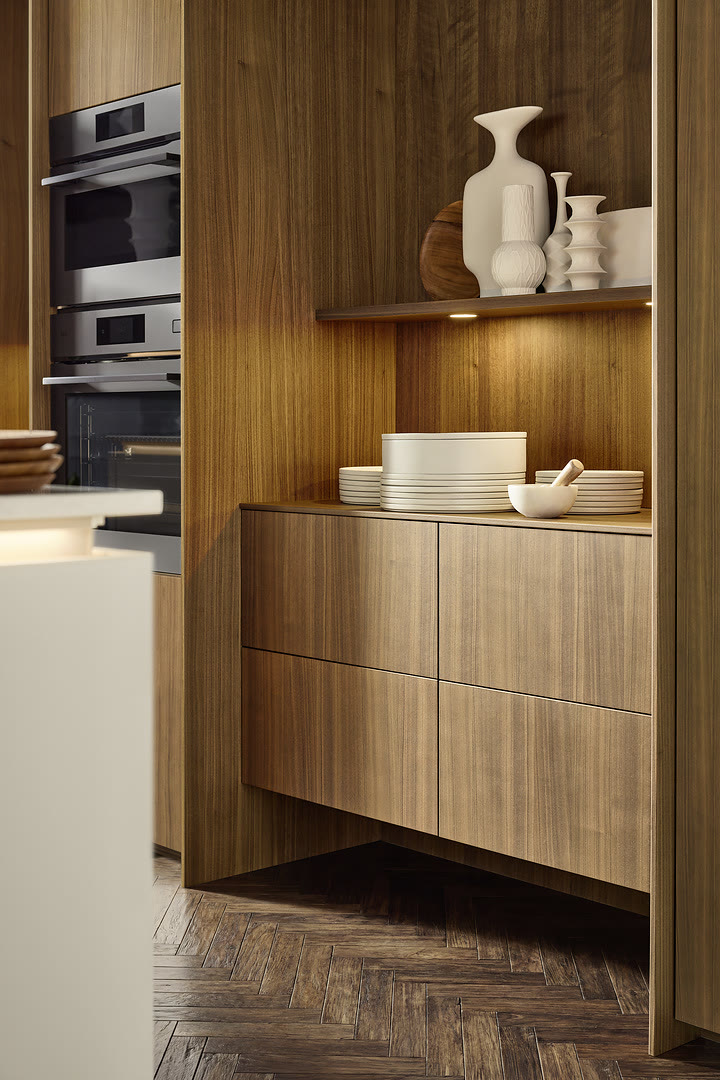 Kitchen with neoFLAT fronts in Walnut Rosado and Soft Lack in cashmere soft-matt.