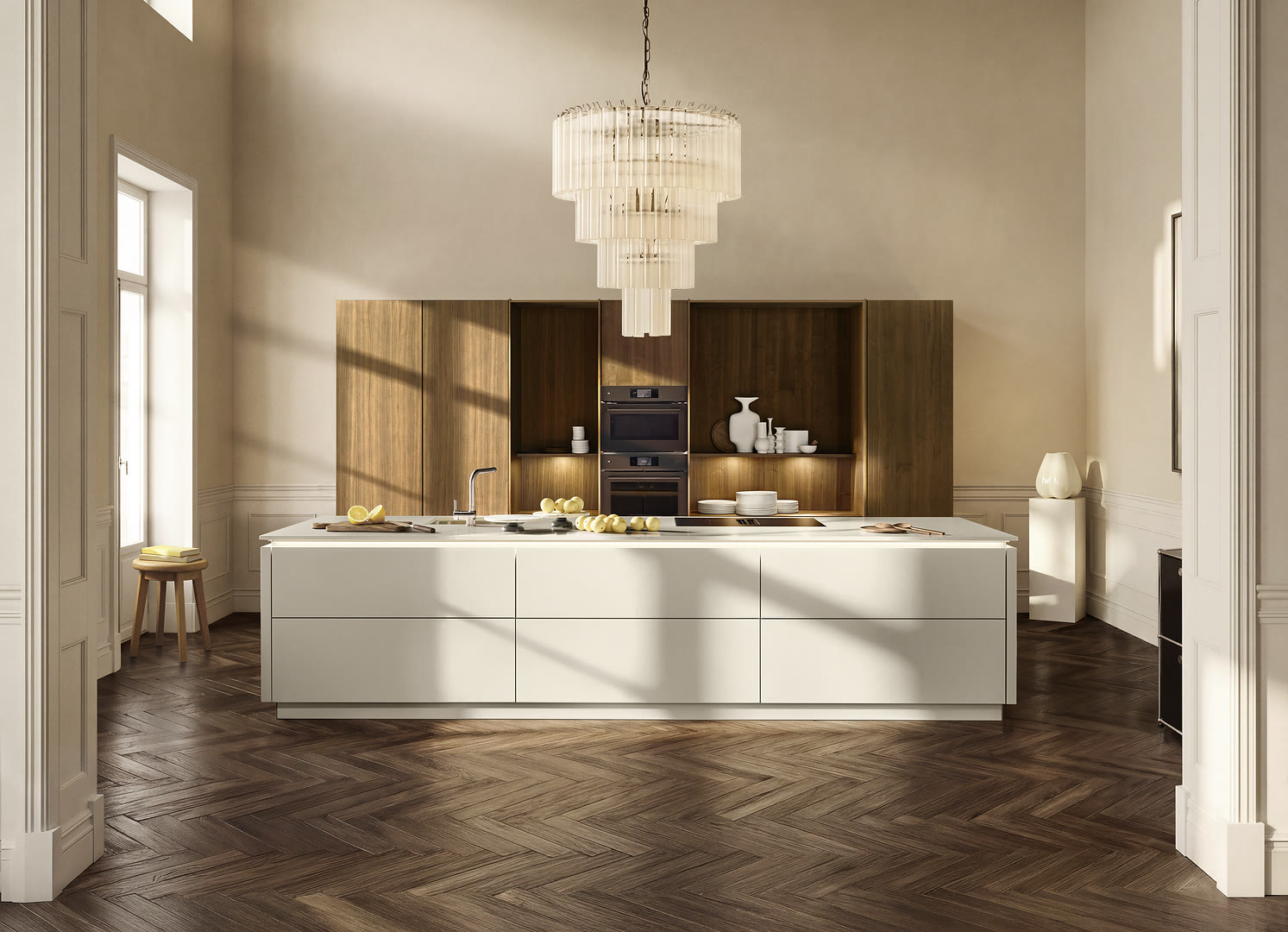 Kitchen with neoFLAT fronts in Walnut Rosado and Soft Lack in cashmere soft-matt.